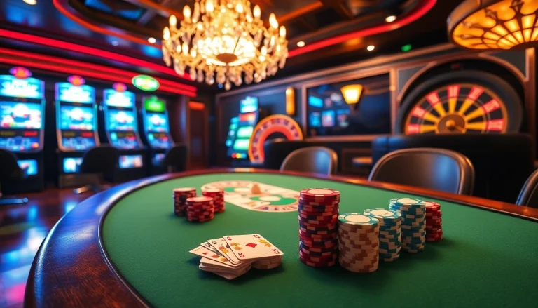 Experience high-stakes excitement at a 52WIN poker table with colorful chips and vibrant casino lights.