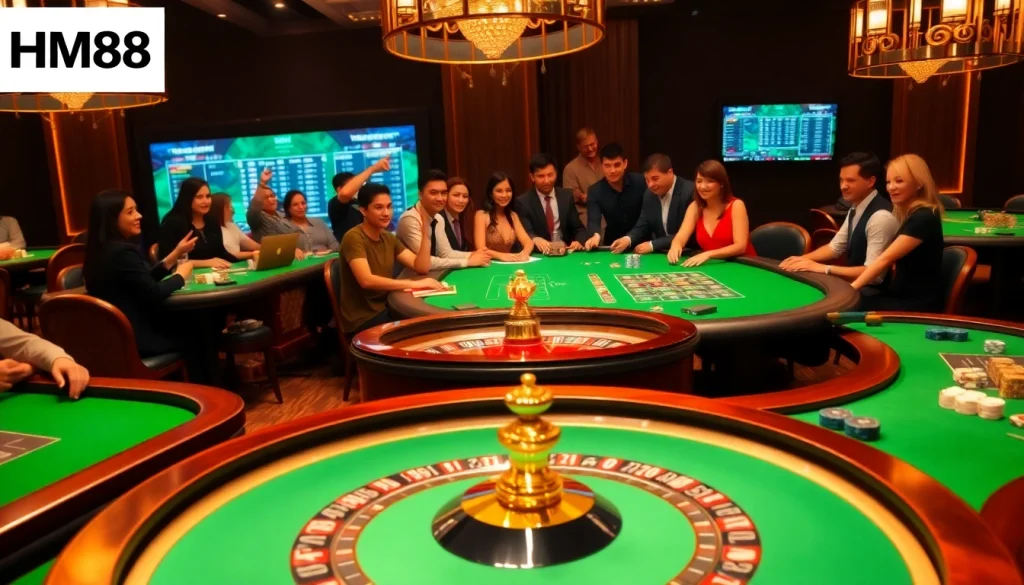 HM88 players enjoying an exciting casino atmosphere, engaging in high-stakes table games.