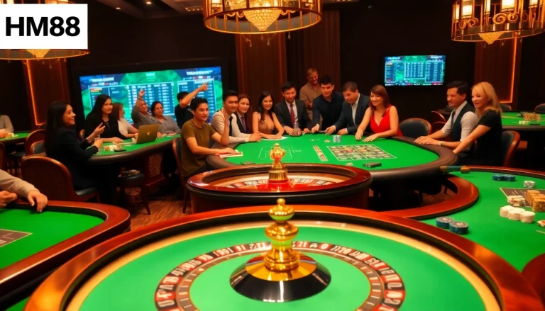HM88 players enjoying an exciting casino atmosphere, engaging in high-stakes table games.