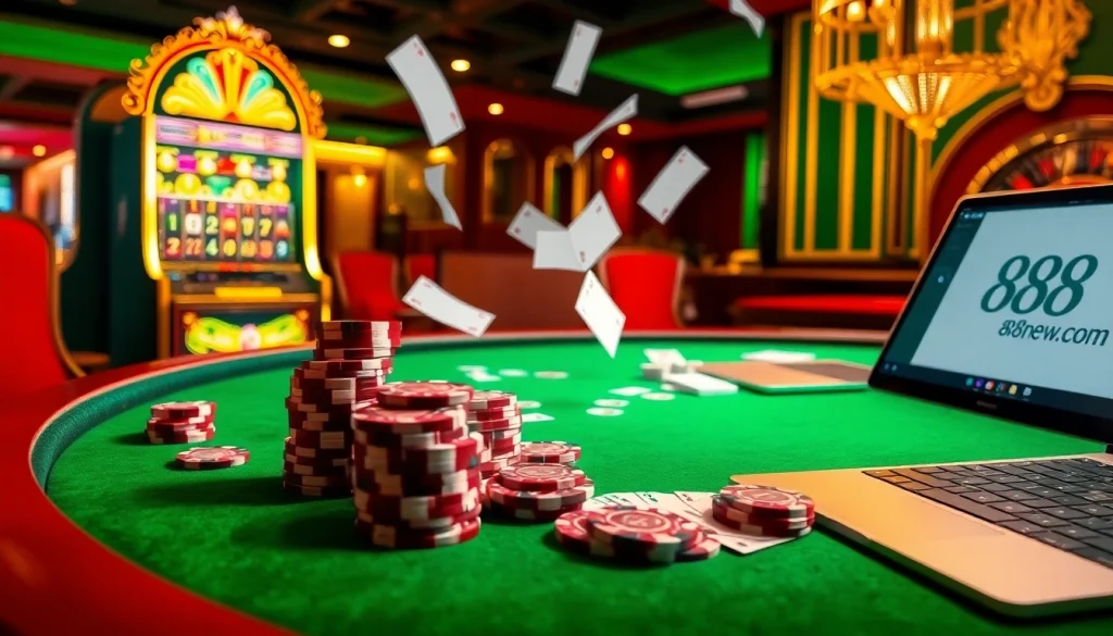 Experience the excitement of gaming at 888new.com with luxurious casino tables and vibrant chips.