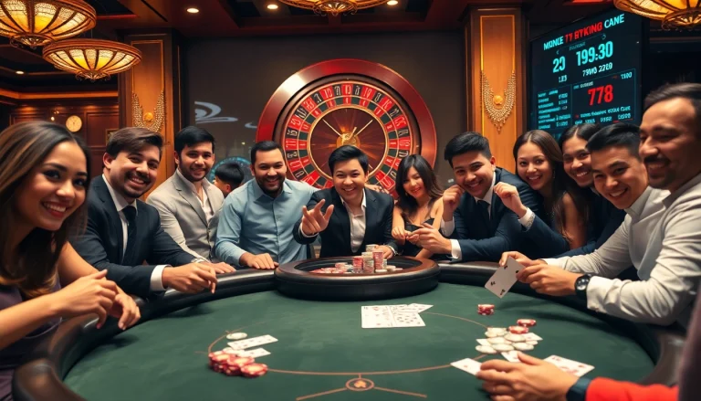 A thrilling poker game at Nhà cái 79KING, showcasing diverse gamblers engaged in high-stakes betting.