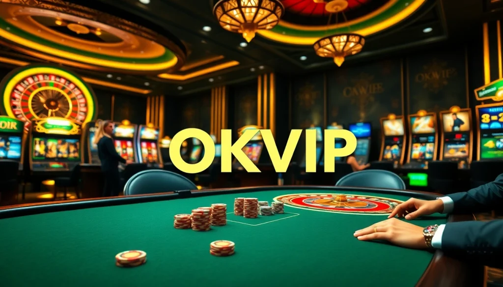 Players strategize their moves at an OKVIP poker table, with vibrant slot machines and a roulette wheel in the luxurious casino.