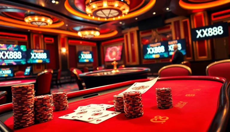 Players engaging in an exciting poker game at XX88 casino, showcasing high stakes and vibrant atmosphere.