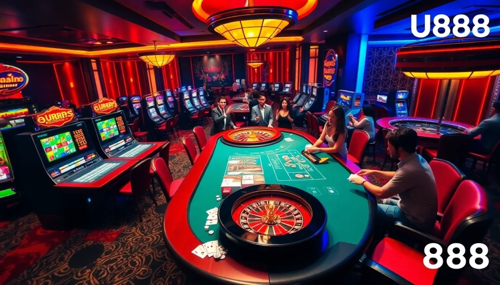 Experience excitement at U888 with players betting at a luxurious casino table.