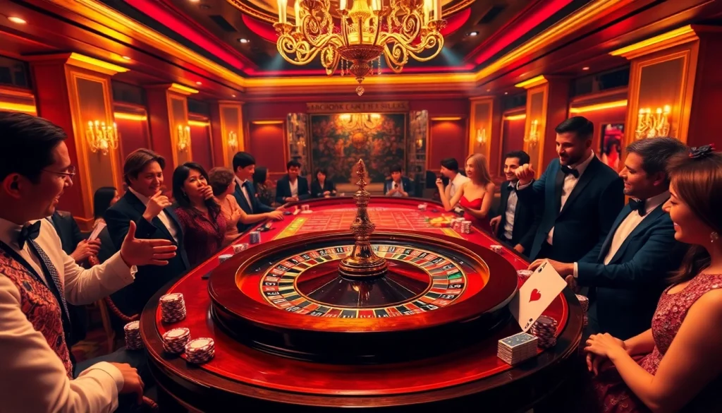 Exciting roulette action at a luxurious casino table inspired by https://rr88.se.net/ with lavish decor and eager players.