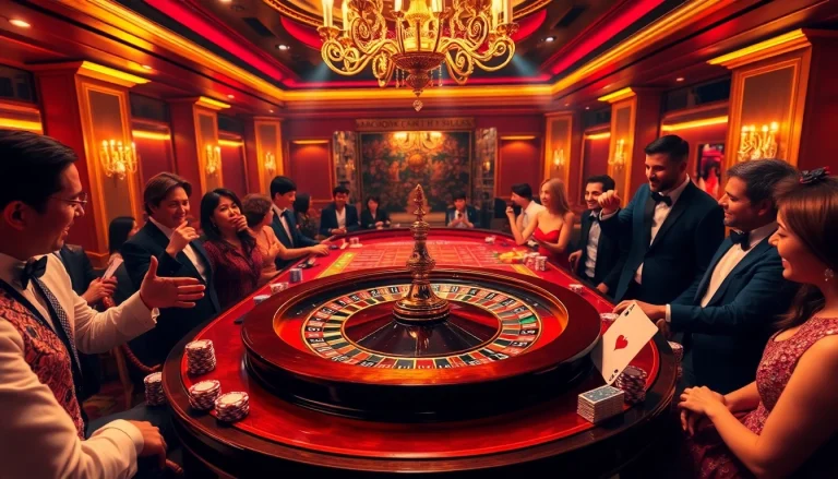Exciting roulette action at a luxurious casino table inspired by https://rr88.se.net/ with lavish decor and eager players.