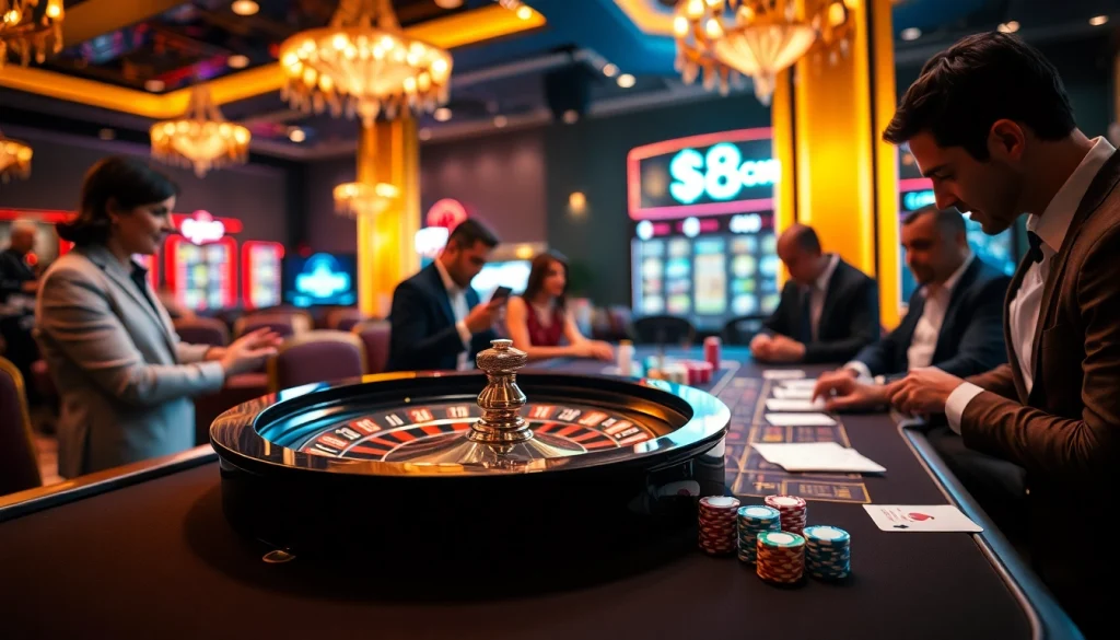 Experience the thrill of winning at s8 com with engaging casino games amidst a vibrant backdrop.