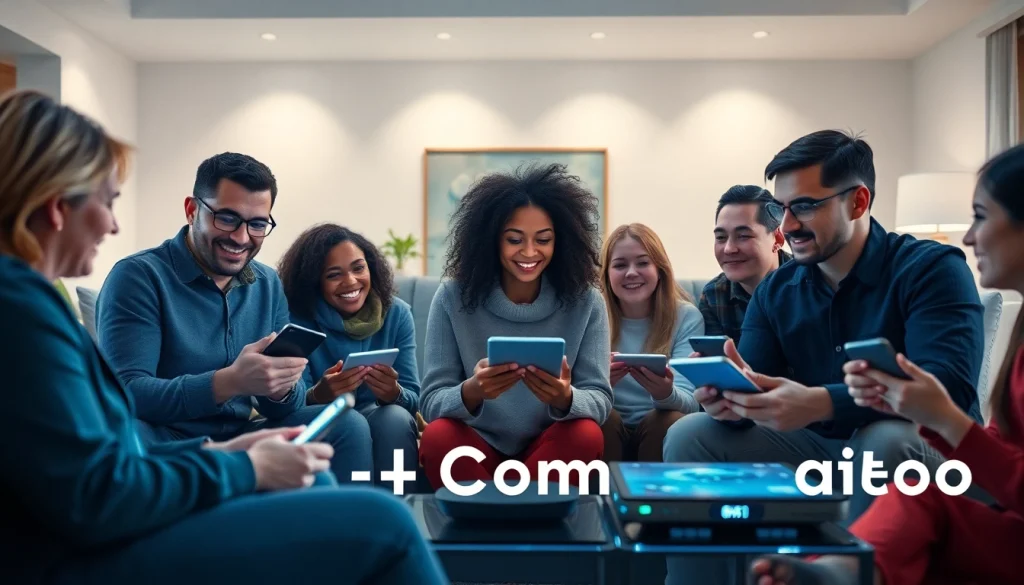 Interactive living room scene featuring 18+ AI companions engaging with users in a modern setting.