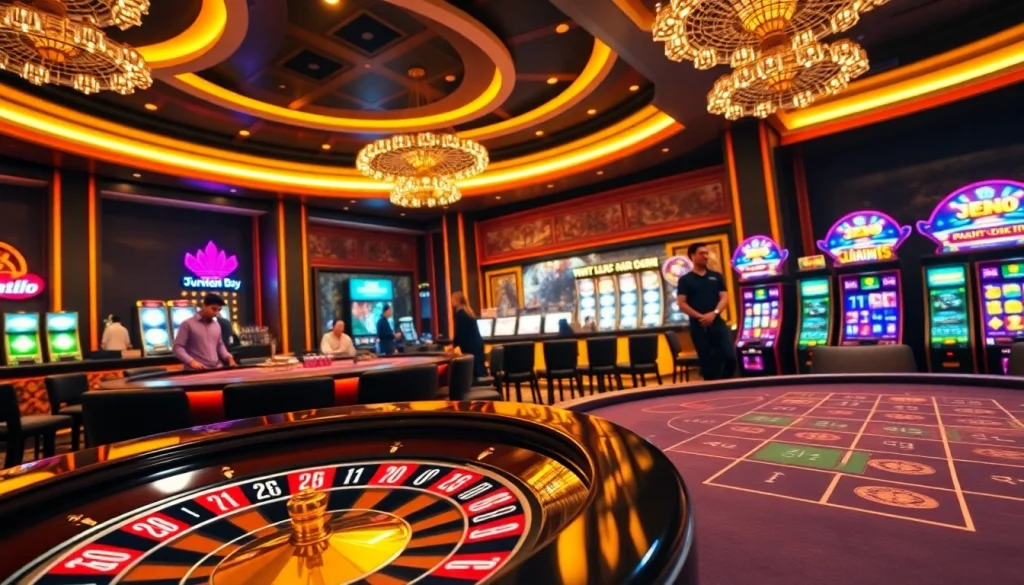 Players enjoying high-stakes action at a luxurious Jun888 casino table, evoking excitement and strategy.