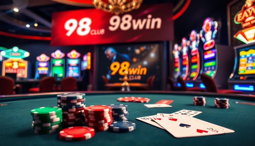 Players enjoying games at the elegant 98win club casino, featuring poker chips and a roulette wheel.