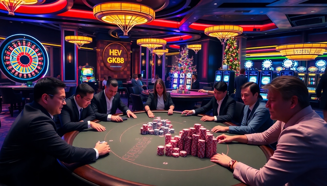GK88 players enjoying an exciting game at a luxurious casino table, surrounded by festive decor.