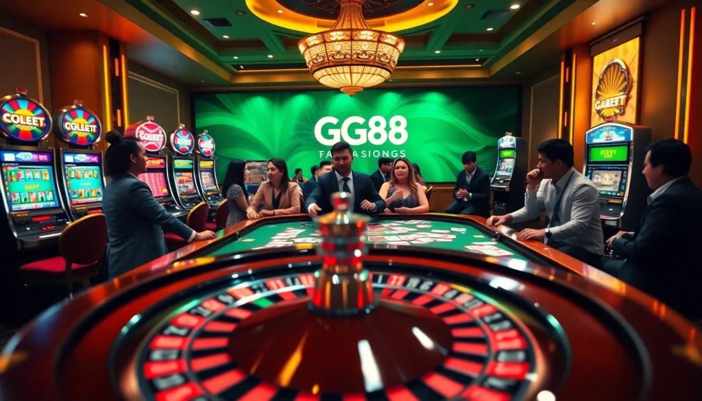 High-stakes poker players at the GG88 gaming table in a luxurious casino setting.
