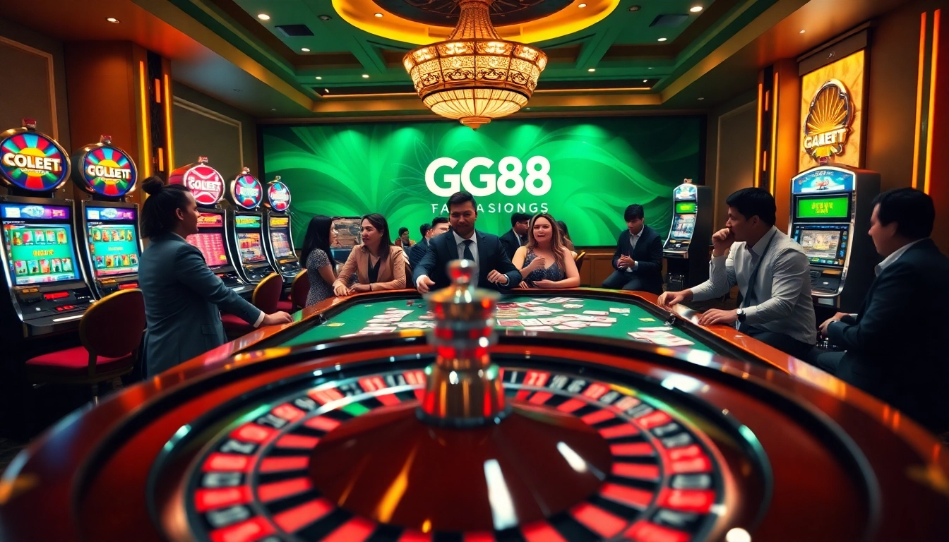 High-stakes poker players at the GG88 gaming table in a luxurious casino setting.