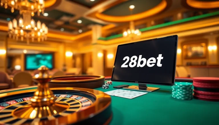 Experience the excitement of Sổ mơ 28bet with vibrant models of roulette and cards in a luxury casino environment.
