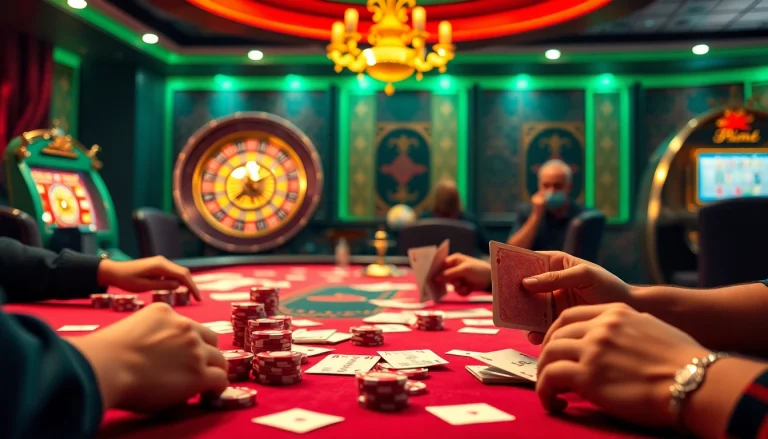 Play high-stakes poker at https://luck8.plus/, with vibrant chips and an exciting roulette wheel in a luxurious atmosphere.