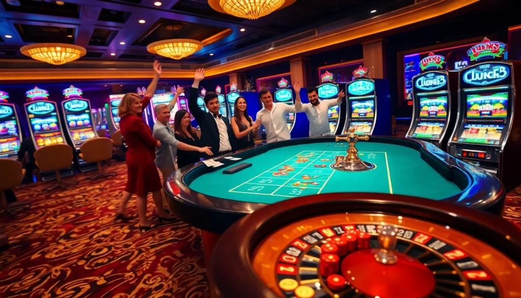 Người chơi ăn mừng chiến thắng tại bàn casino LUCK8 sôi động với bài và chip.