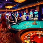 Người chơi ăn mừng chiến thắng tại bàn casino LUCK8 sôi động với bài và chip.