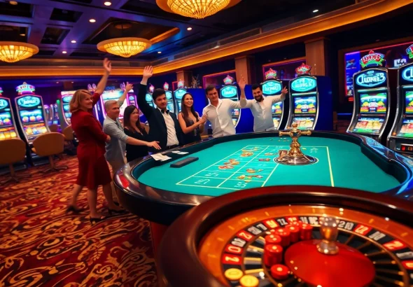 Người chơi ăn mừng chiến thắng tại bàn casino LUCK8 sôi động với bài và chip.