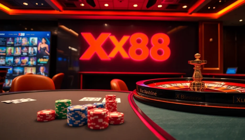 X88 casino scene featuring vibrant poker, roulette, and online games in an exciting atmosphere.