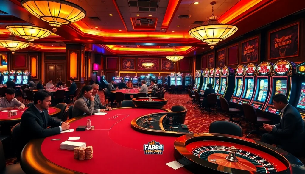Players engaging in thrilling poker games at https://fa88.exchange/, surrounded by bright slot machines and roulette wheels.