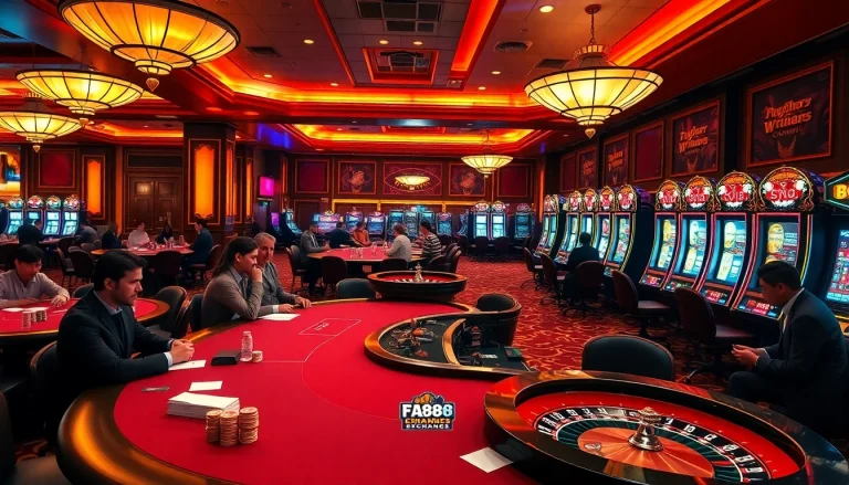 Players engaging in thrilling poker games at https://fa88.exchange/, surrounded by bright slot machines and roulette wheels.