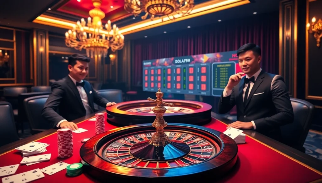 Nha cai DOLA789 showcasing an exciting casino scene with players at a roulette table and poker chips.