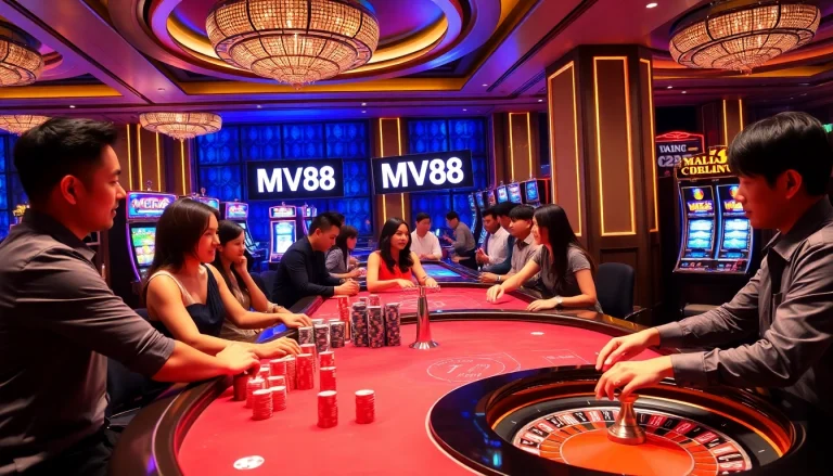Players enjoying MV88 online gaming with poker chips and slot machines in a luxurious casino setting.