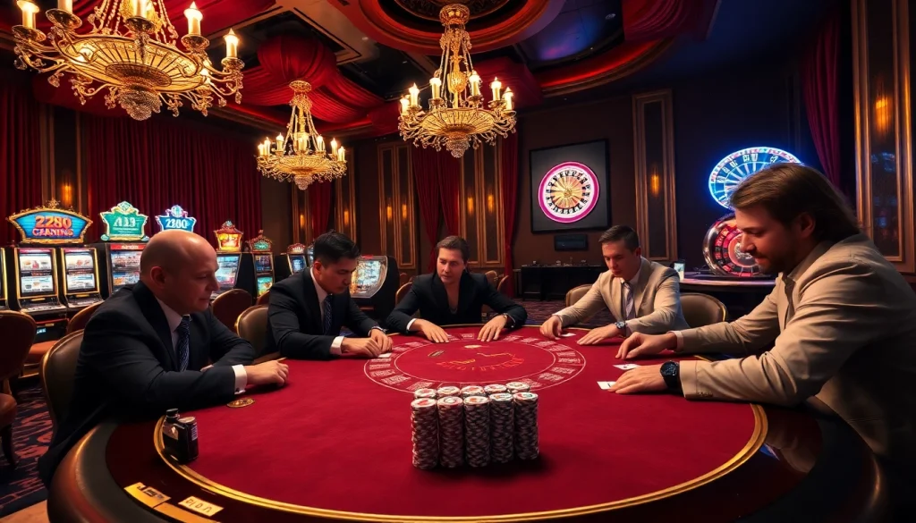 Players at a high-stakes poker table in an elegant casino setting representing AZ88 excitement.