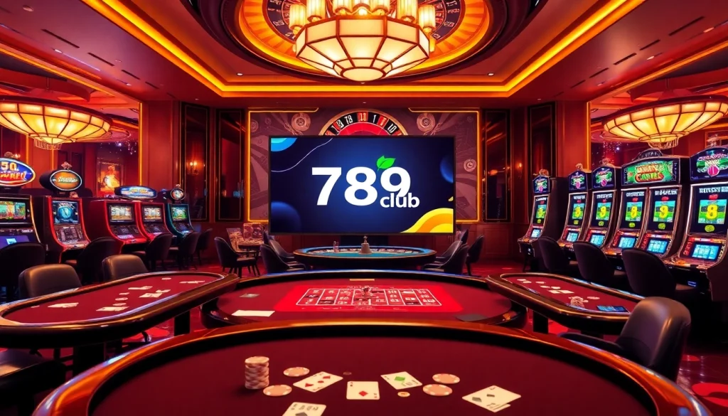 Cổng game 789club offers an immersive online gambling experience with vibrant casino tables and poker chips.