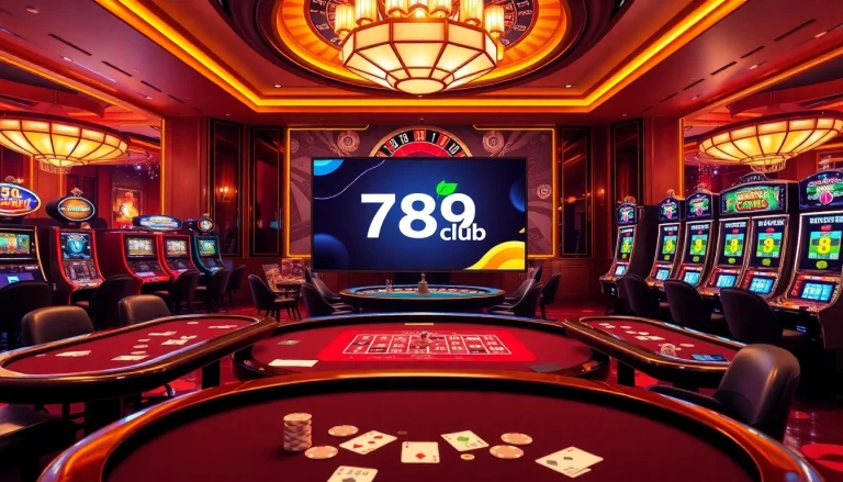 Cổng game 789club offers an immersive online gambling experience with vibrant casino tables and poker chips.