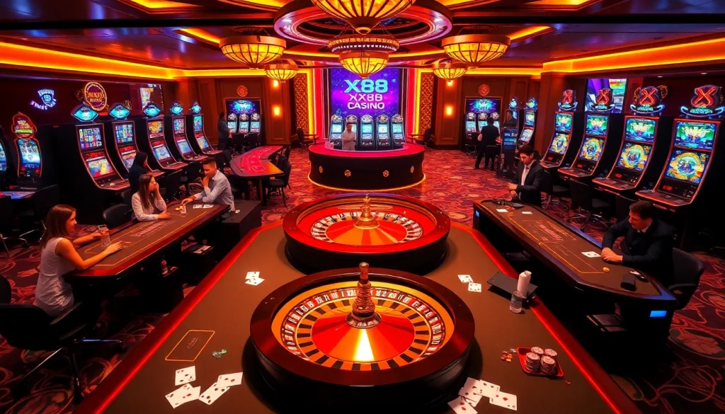 Experience the excitement of XX88 Casino with vibrant gaming tables and slot machines.