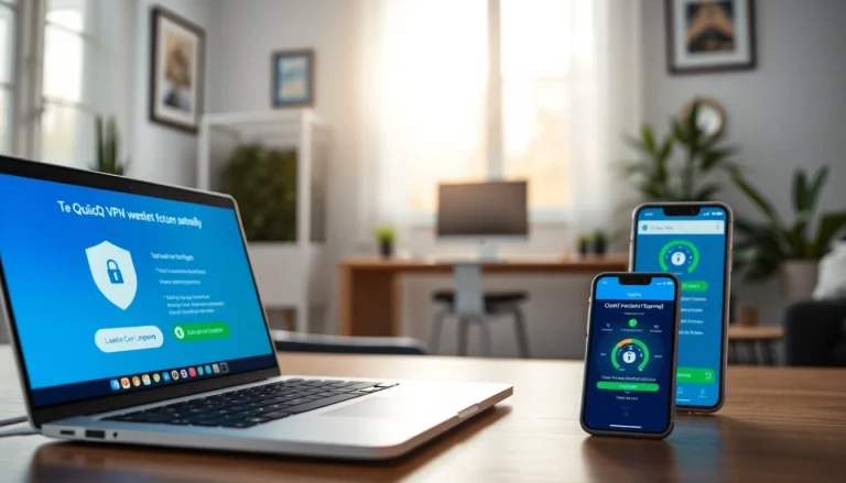 QuickQ官网：在现代办公室环境中多设备展示的 QuickQ VPN 应用的用户友好界面。