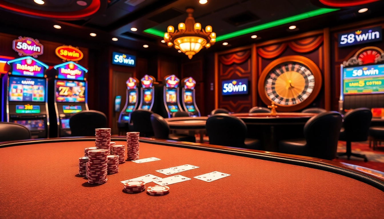 Experience excitement at a high-stakes poker table showcasing 58win's vibrant gambling atmosphere.