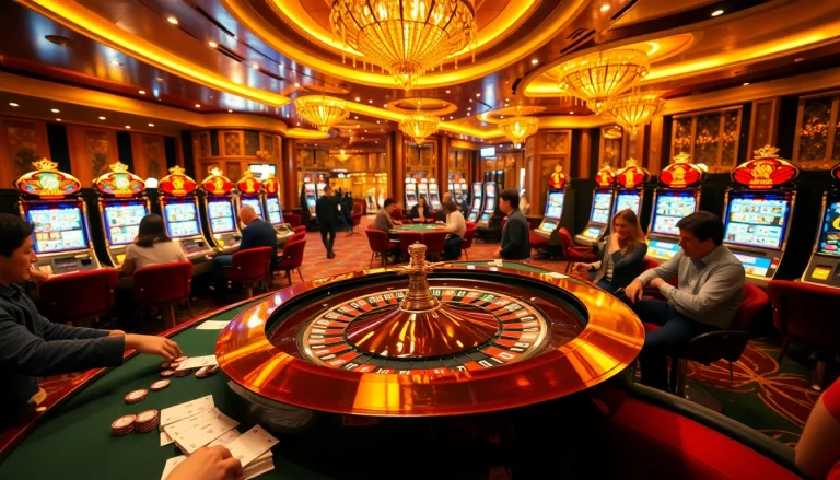 Nohu-inspired decor enhances the excitement at a casino with players engaging at roulette and slot machines.