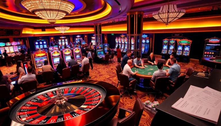The visual representation of cổng game 789club showcases an exciting casino atmosphere with roulette, poker, and vibrant slot machines.