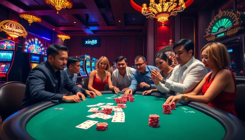 Experience the excitement of xin88 with a vibrant casino table scene featuring poker players in action.