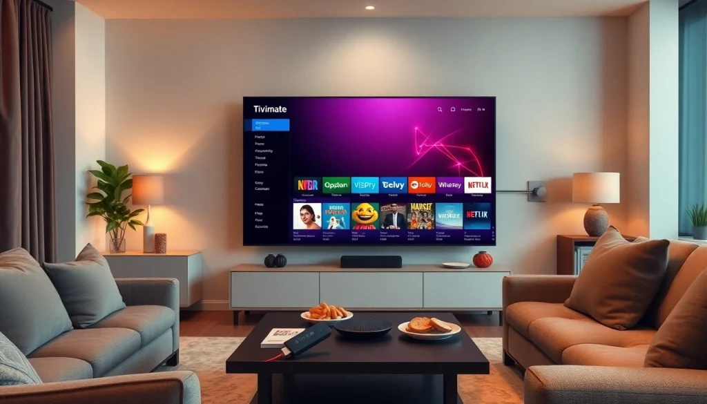 TiviMate IPTV interface displayed on a modern TV in a cozy living room, showcasing easy IPTV streaming.