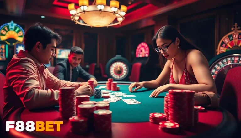 Players strategizing at a luxurious poker table in F88BET casino, highlighting excitement and thrill.