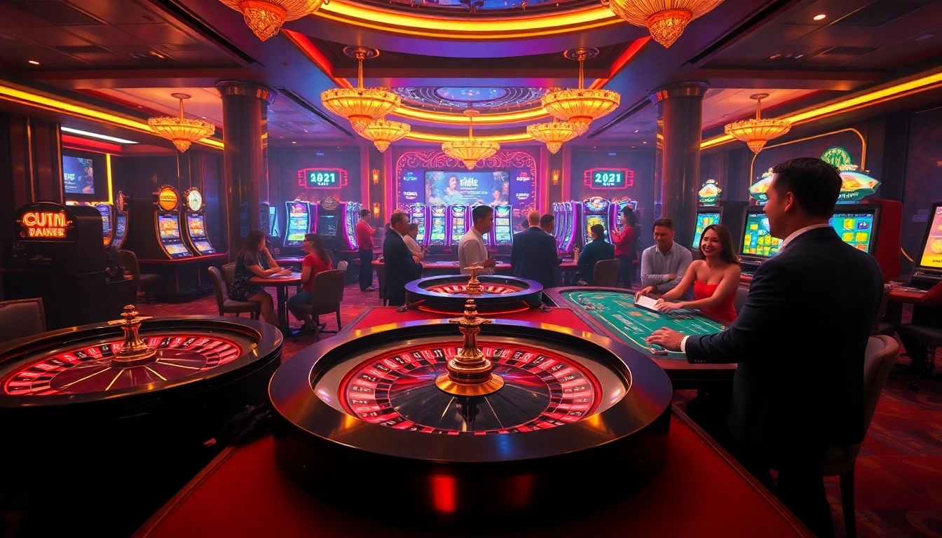 Excited players engaging with the online betting interface of F8BET.COM, showcasing casino tables and slot machines.