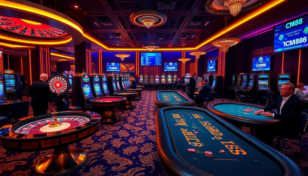 Experience the thrill of gaming at CM88 casino with vibrant tables and illuminated slot machines.