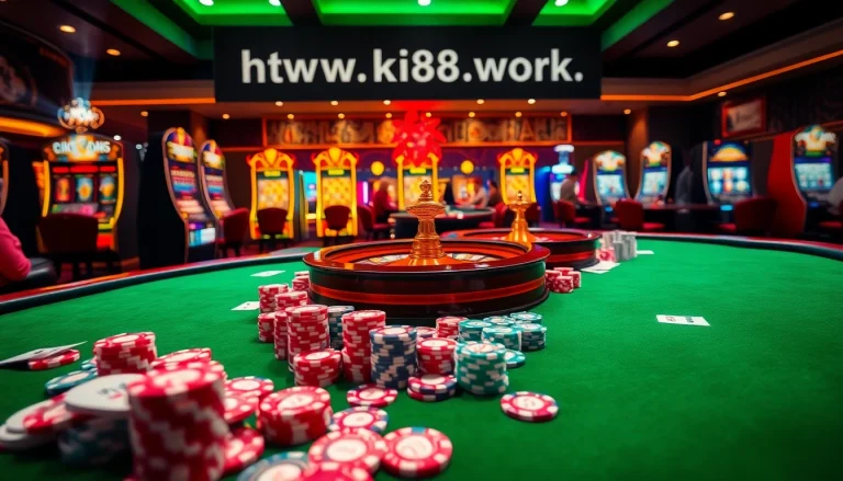 Exciting casino atmosphere with poker chips and roulette at https://kg88.work/ for engaging gambling.