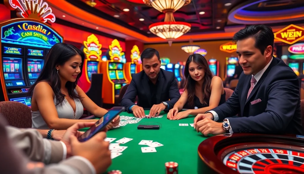 Players enjoying xocdia88 online game at a lively casino table with vibrant chips and cards.