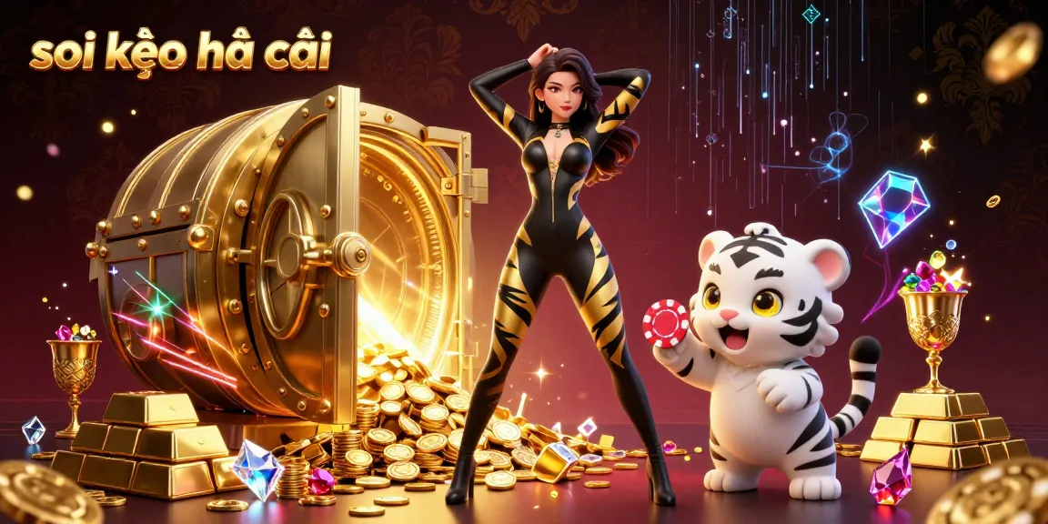 Soi kèo nhà cái illustrates a captivating scene with a woman in a tiger-striped catsuit and a playful tiger amidst gold and jewels, showcasing dynamic gambling energy.