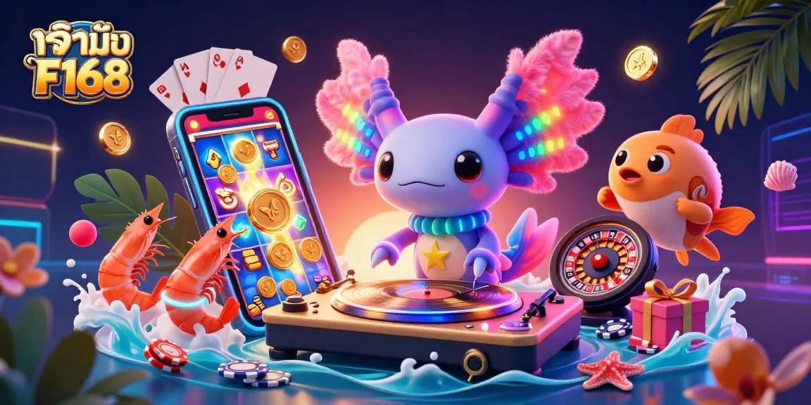 Engage in exciting games with เจ้ามือ F168 featuring a vibrant axolotl DJ and undersea creatures in a colorful casino setting.