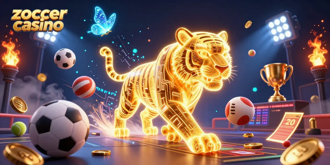 Experience excitement at zoccer casino with vibrant 3D illustration of a golden tiger amidst dynamic sports gaming elements.