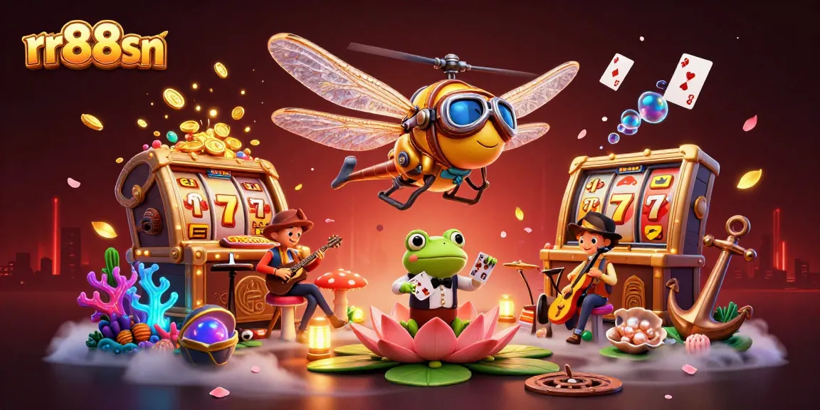 Win big with rr88sn at an immersive casino scene featuring vibrant characters, games, and gold treasures.