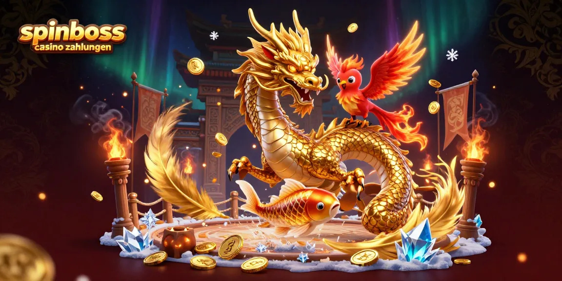 Spinboss Casino Zahlungen: faszinierende Darstellung einer goldenen Drachen- und Phönixszene im Glücksspiel.