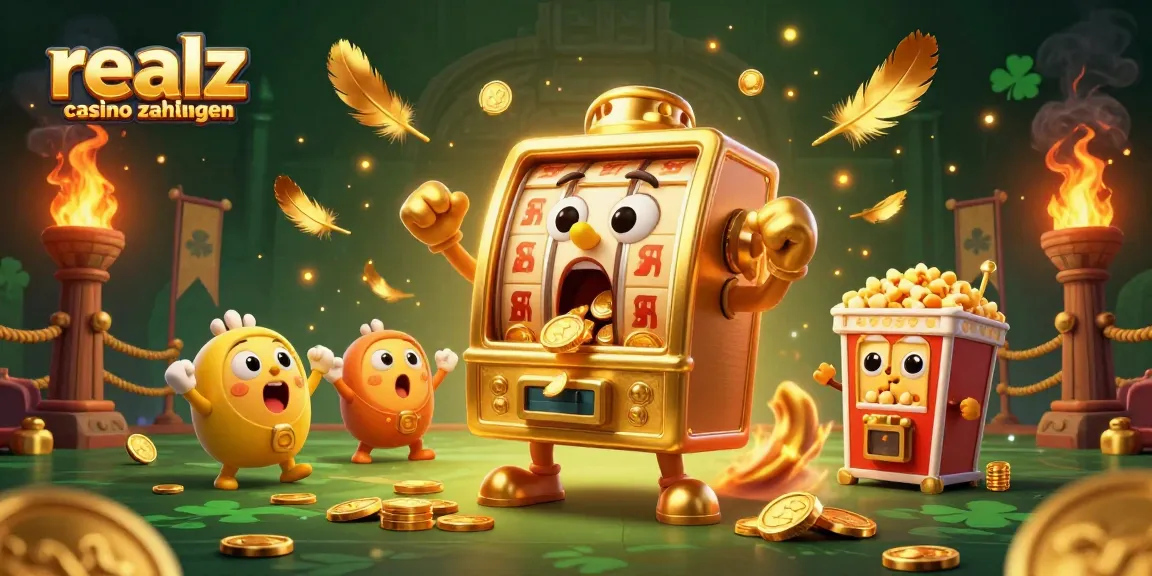 Erlebe die aufregenden realz casino zahlungen mit einem goldenen Spielautomaten, der seinen Jackpot knackt.
